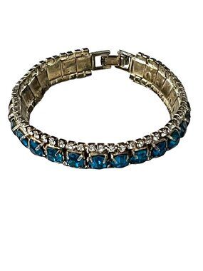 Vintage Blue Rhinestone Tennis Bracelet Double Row Silver Tone 6.5 Inch Retro